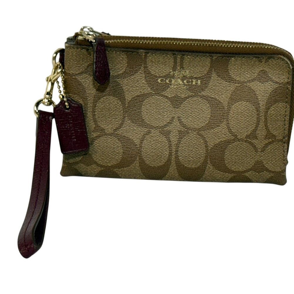 Coach Signature Canvas Double Zip Wristlet in Khaki/Sherry color